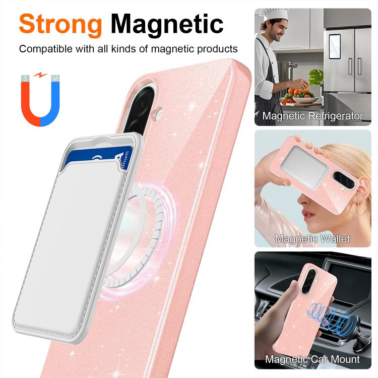 For Samsung Galaxy A37 5G Fine Hole Glossy Glitter Magnetic TPU Phone Case with Same Color Hand Strap