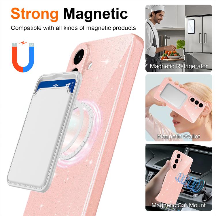 For Galaxy A27 5G Fine Hole Glossy Glitter Magnetic TPU Phone Case with Same Color Hand Strap