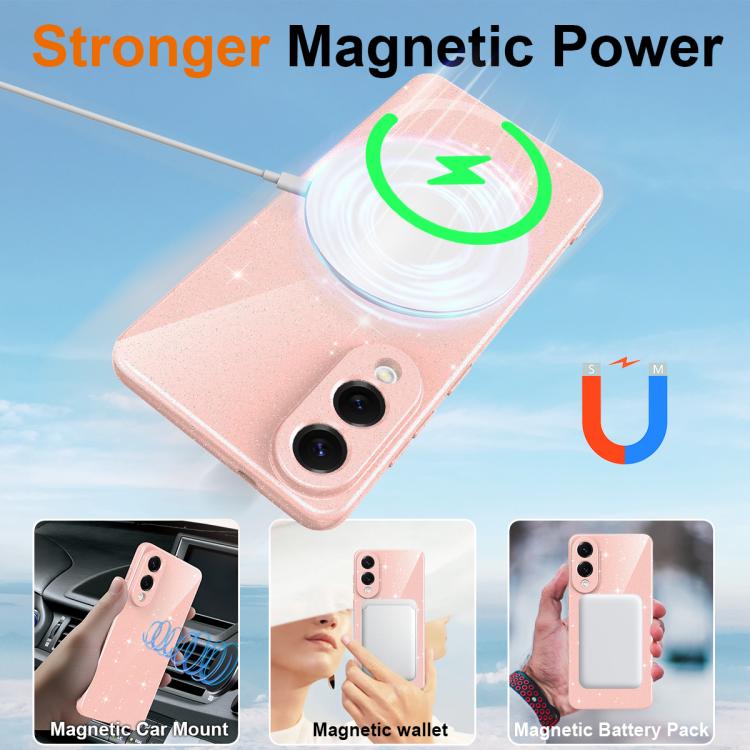 For Samsung Galaxy S25 Edge 5G Fine Hole Glossy Glitter Magnetic TPU Phone Case with Same Color Hand Strap