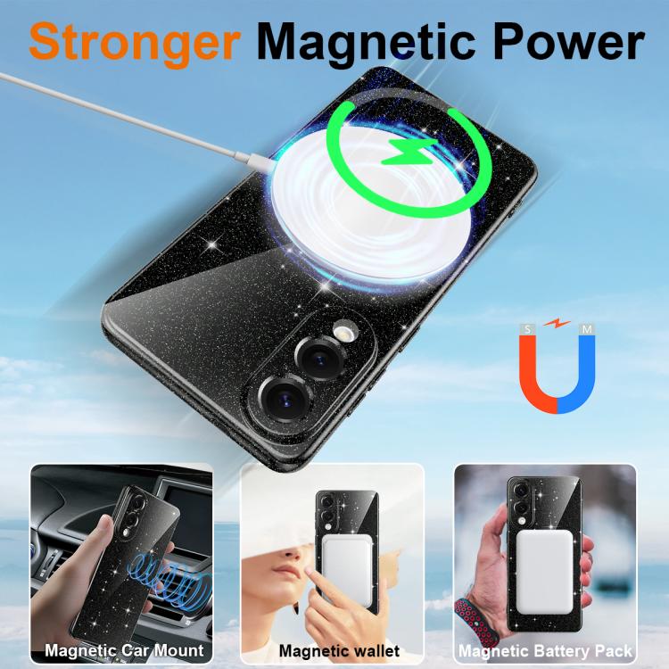 For Samsung Galaxy S25 Edge 5G Fine Hole Glossy Glitter Magnetic TPU Phone Case with Same Color Hand Strap