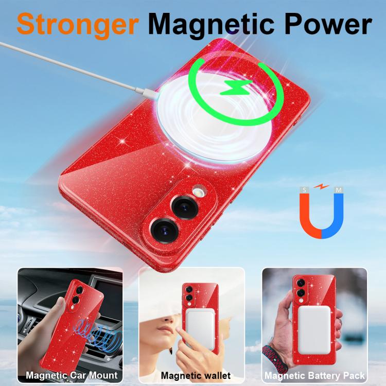 For Samsung Galaxy S25 Edge 5G Fine Hole Glossy Glitter Magnetic TPU Phone Case with Same Color Hand Strap