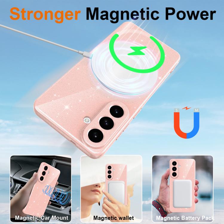 For Samsung Galaxy S26+ 5G Fine Hole Glossy Glitter Magnetic TPU Phone Case with Same Color Hand Strap
