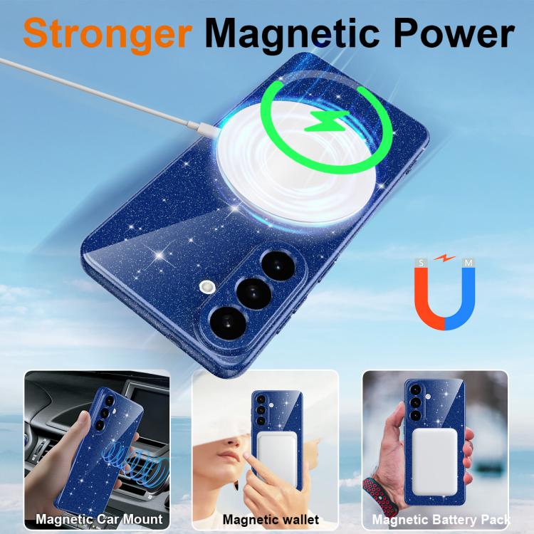 For Samsung Galaxy S26+ 5G Fine Hole Glossy Glitter Magnetic TPU Phone Case with Same Color Hand Strap