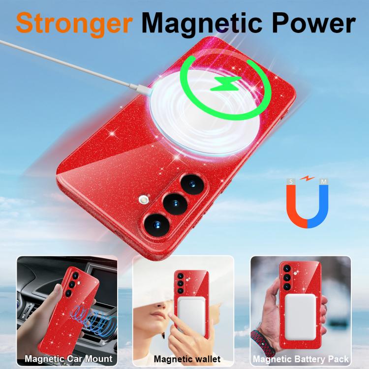 For Samsung Galaxy S24+ 5G Fine Hole Glossy Glitter Magnetic TPU Phone Case with Same Color Hand Strap