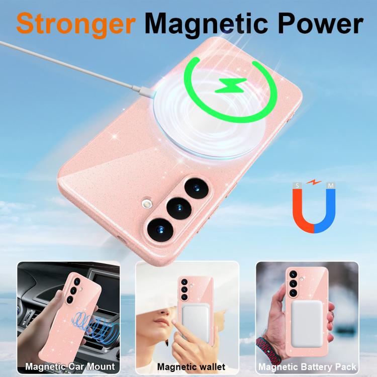 For Samsung Galaxy S25 5G Fine Hole Glossy Glitter Magnetic TPU Phone Case with Same Color Hand Strap