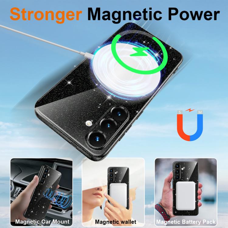 For Samsung Galaxy S25 FE 5G Fine Hole Glossy Glitter Magnetic TPU Phone Case with Same Color Hand Strap