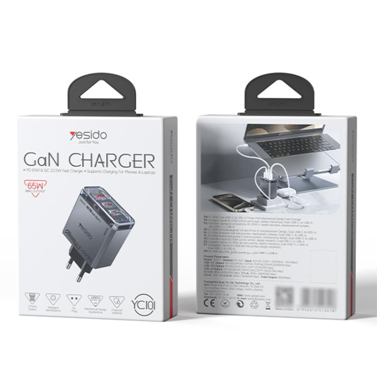 Yesido YC101 65W Mecha GaN Three-port Fast Charger, Plug:EU Plug - Black