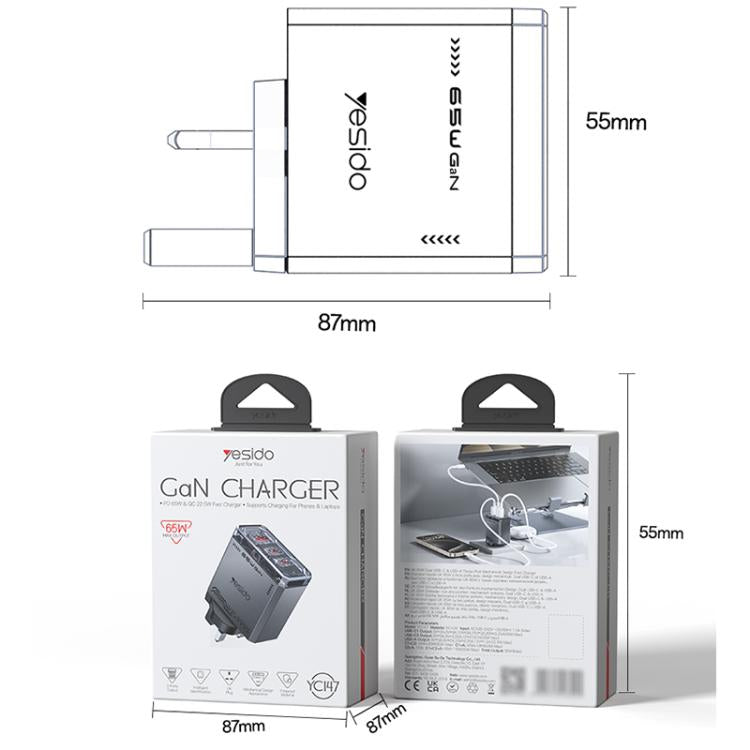Yesido YC147 65W Mecha GaN Three-port Fast Charger, Plug:UK Plug - Black