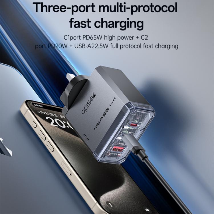 Yesido YC147 65W Mecha GaN Three-port Fast Charger, Plug:UK Plug - Black