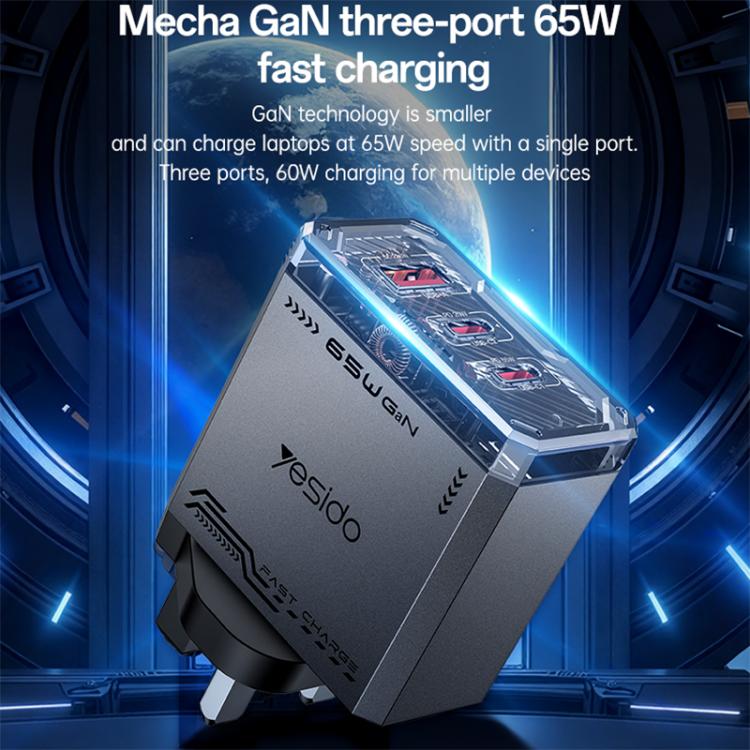 Yesido YC147 65W Mecha GaN Three-port Fast Charger, Plug:UK Plug - Black