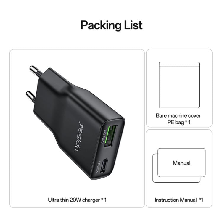 Yesido YC112 Ultra-thin 20W Dual-port PD QC Fast Charger, Plug:EU Plug - Black