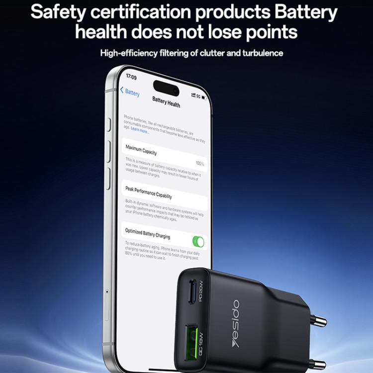 Yesido YC112 Ultra-thin 20W Dual-port PD QC Fast Charger, Plug:EU Plug - Black