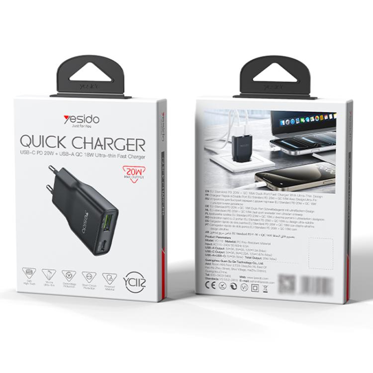 Yesido YC112 Ultra-thin 20W Dual-port PD QC Fast Charger, Plug:EU Plug - Black