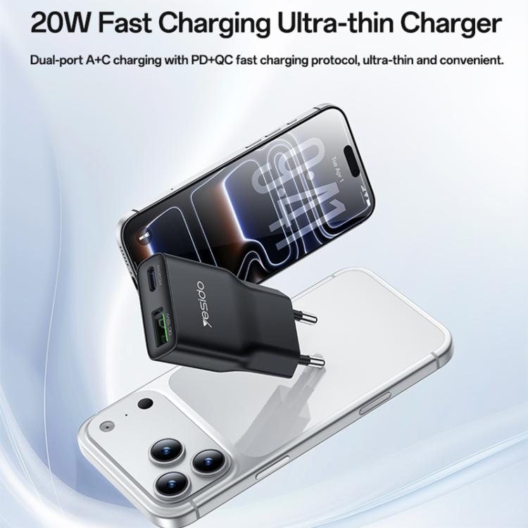Yesido YC112 Ultra-thin 20W Dual-port PD QC Fast Charger, Plug:EU Plug - Black