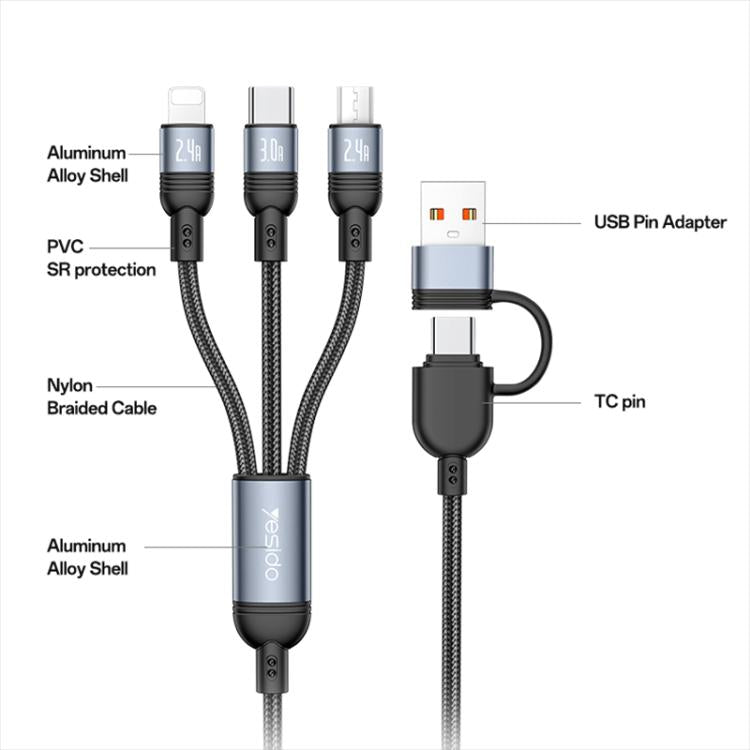 Yesido CA203 4 in 1 USB and Type-C to Type-C, 8 Pin, Micro USB 12W Multi-functional Charging Cable, Length: 1.2m - Black