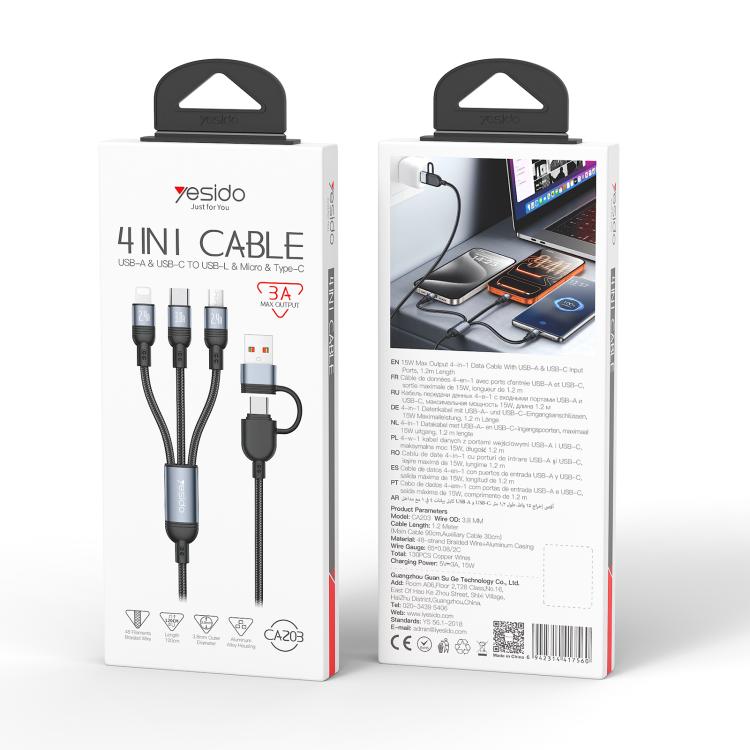 Yesido CA203 4 in 1 USB and Type-C to Type-C, 8 Pin, Micro USB 12W Multi-functional Charging Cable, Length: 1.2m - Black