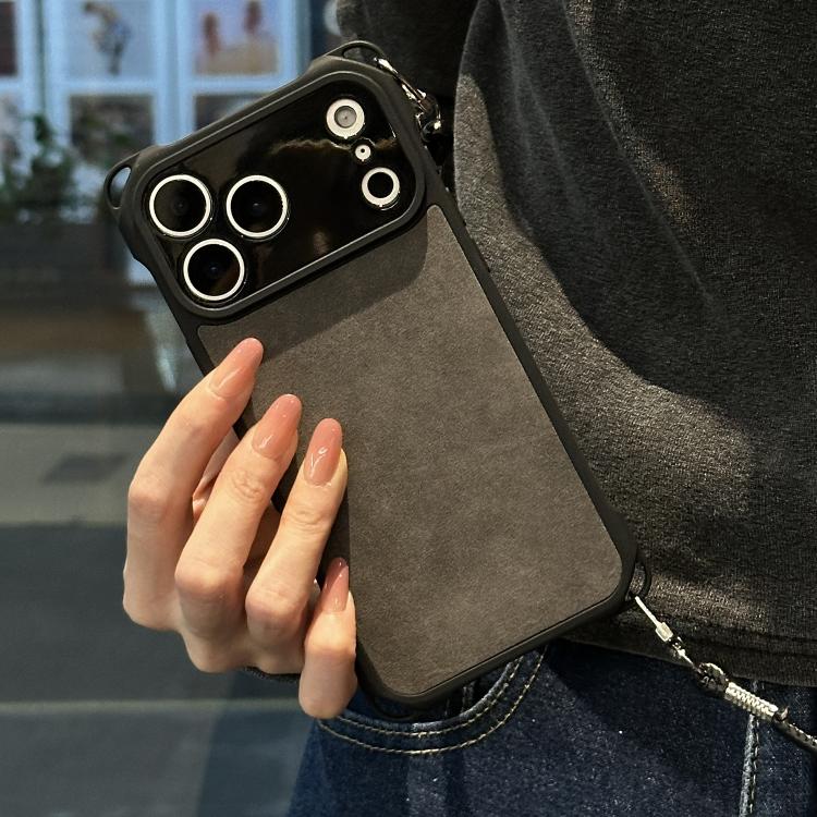 For iPhone 17 Pro Max Fine Hole Faux Leather Shockproof Phone Case with Crossbody PU Strap