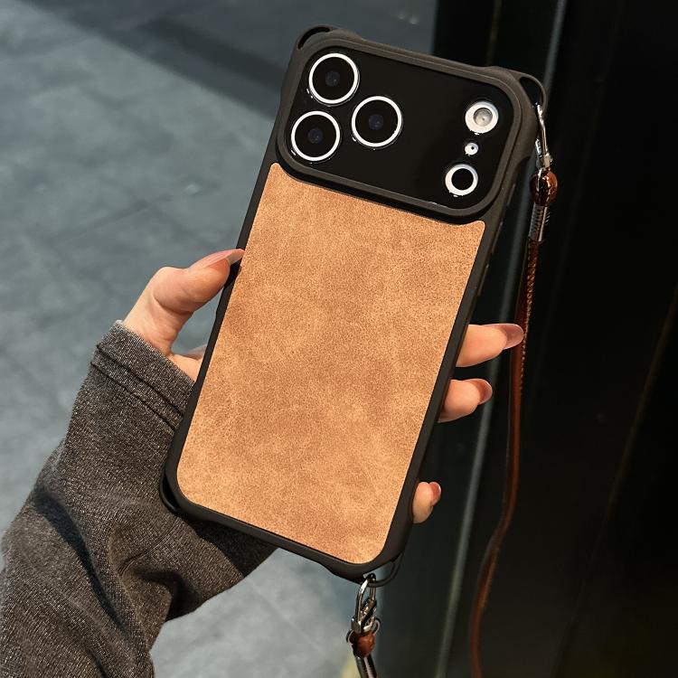 For iPhone 17 Pro Max Fine Hole Faux Leather Shockproof Phone Case with Crossbody PU Strap