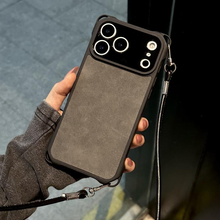 For iPhone 17 Pro Fine Hole Faux Leather Shockproof Phone Case with Crossbody PU Strap