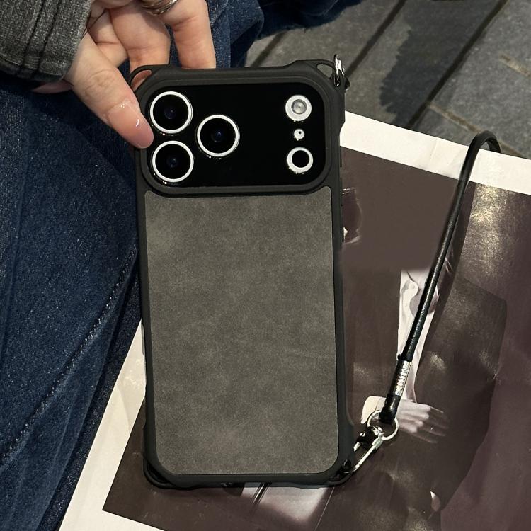 For iPhone 17 Pro Fine Hole Faux Leather Shockproof Phone Case with Crossbody PU Strap