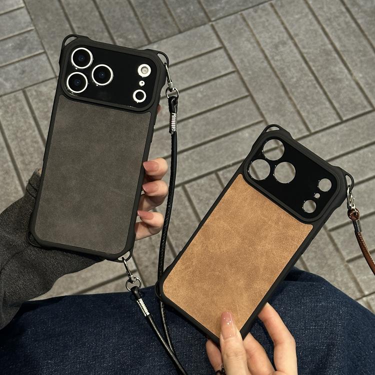 For iPhone 17 Pro Fine Hole Faux Leather Shockproof Phone Case with Crossbody PU Strap