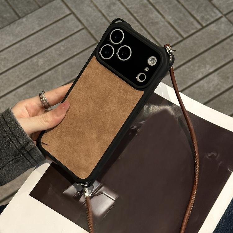 For iPhone 17 Pro Fine Hole Faux Leather Shockproof Phone Case with Crossbody PU Strap