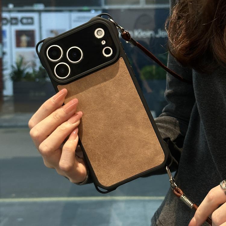 For iPhone 17 Pro Fine Hole Faux Leather Shockproof Phone Case with Crossbody PU Strap