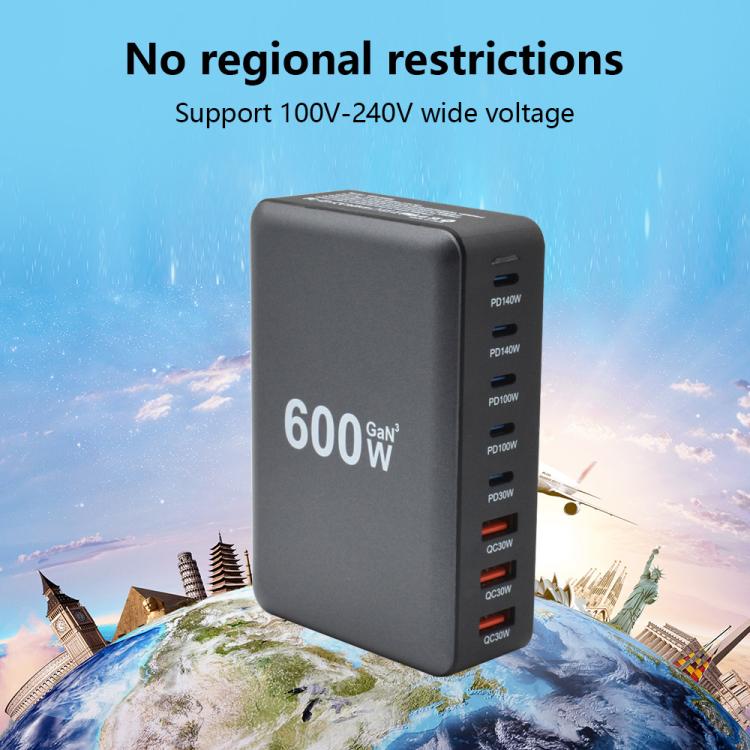 600W USB-C / Type-C and USB-A 8-Port High Power GaN Desktop Fast Charger