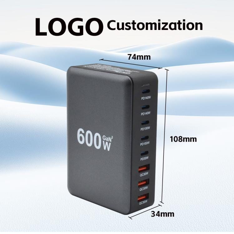 600W USB-C / Type-C and USB-A 8-Port High Power GaN Desktop Fast Charger