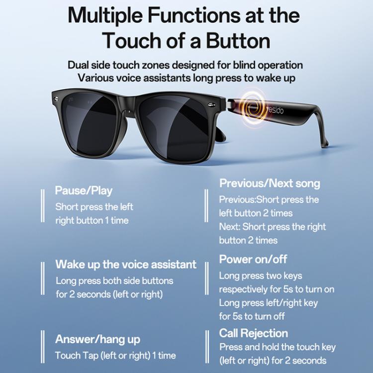 Yesido IO38 Smart Audio Glasses, Bluetooth-Compatible 5.0 Sunglasses with Hi-Fi Sound, Hands-Free Calling, Magnetic Charging & Long Battery Life - Black
