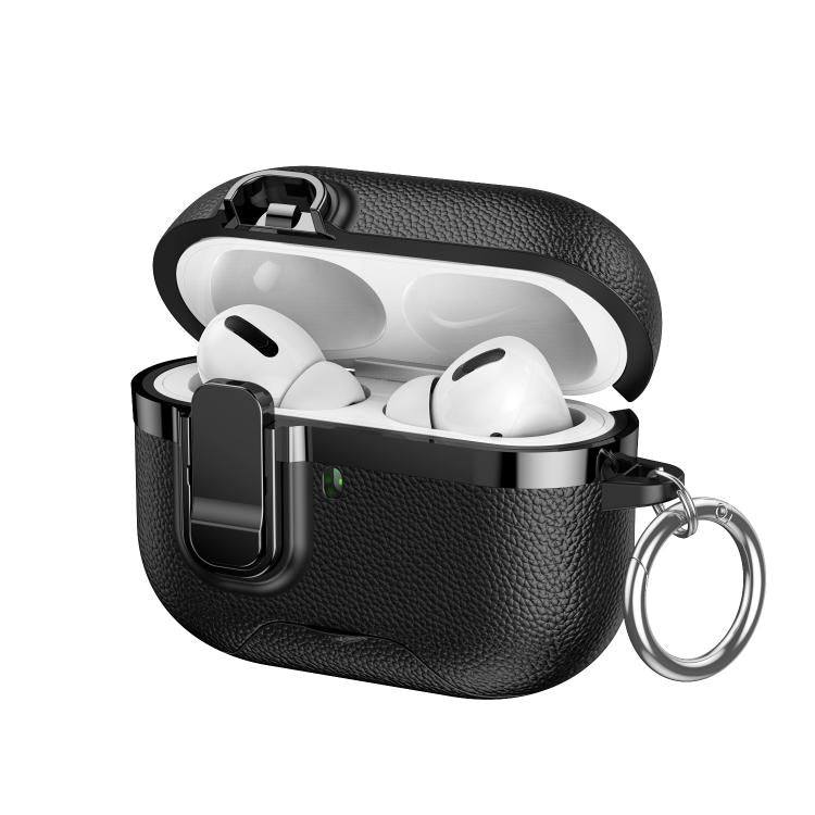 For AirPods Pro 3 Hidden Stand Electroplated Vegan Leather Texture Wireless Earphones Protective Case