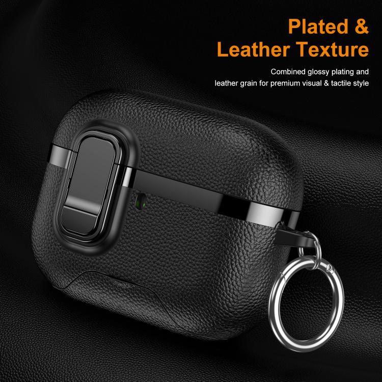 For AirPods Pro 3 Hidden Stand Electroplated Vegan Leather Texture Wireless Earphones Protective Case