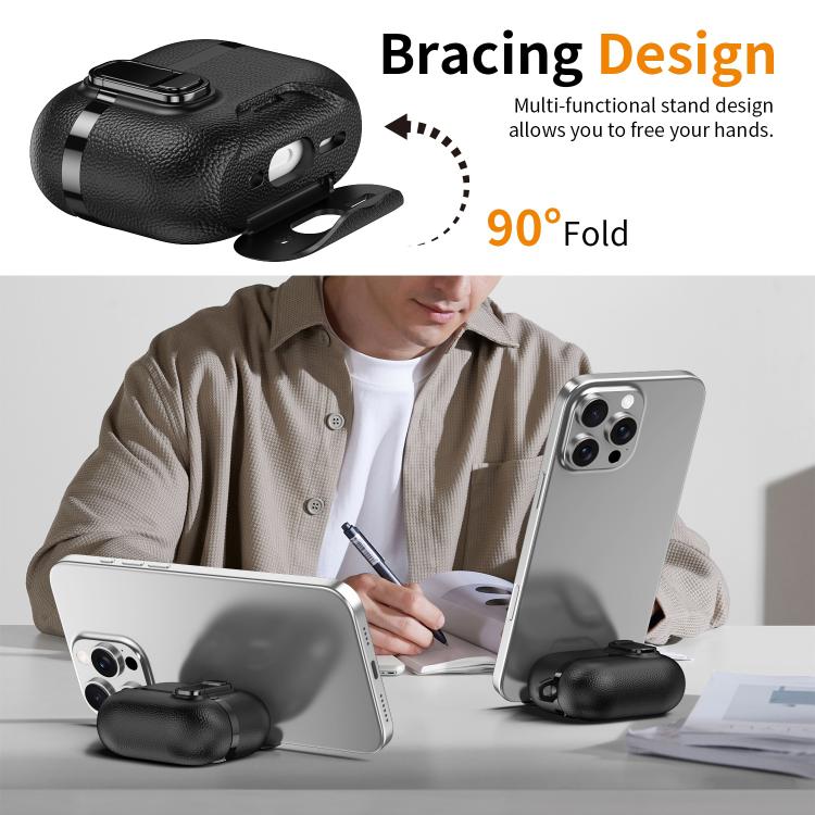 For AirPods Pro 3 Hidden Stand Electroplated Vegan Leather Texture Wireless Earphones Protective Case