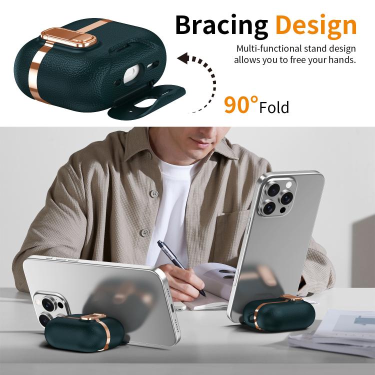 For AirPods Pro 3 Hidden Stand Electroplated Vegan Leather Texture Wireless Earphones Protective Case