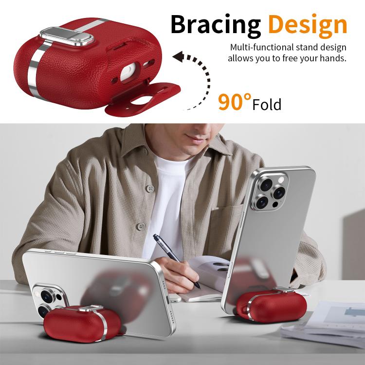 For AirPods Pro 2 Hidden Stand Electroplated Vegan Leather Texture Wireless Earphones Protective Case