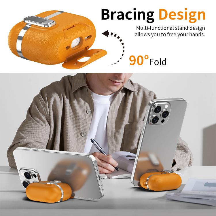 For AirPods Pro 2 Hidden Stand Electroplated Vegan Leather Texture Wireless Earphones Protective Case