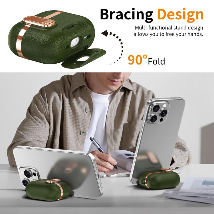 For AirPods Pro 2 Hidden Stand Electroplated Vegan Leather Texture Wireless Earphones Protective Case