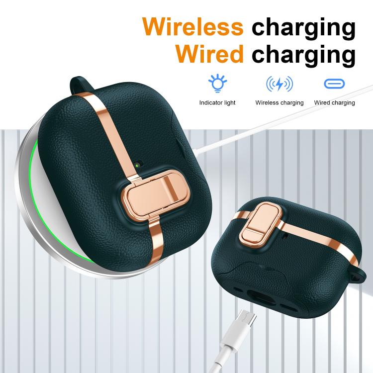For AirPods Pro 2 Hidden Stand Electroplated Vegan Leather Texture Wireless Earphones Protective Case