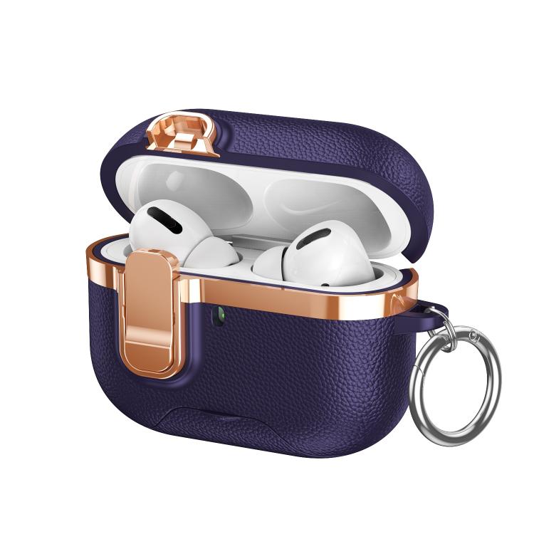 For AirPods Pro 2 Hidden Stand Electroplated Vegan Leather Texture Wireless Earphones Protective Case