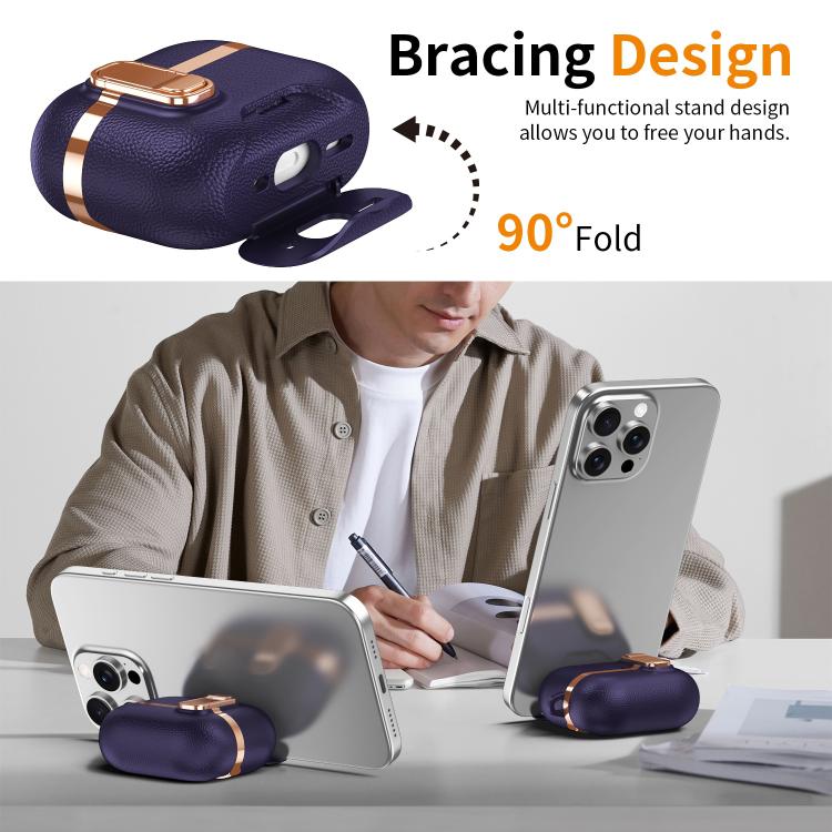 For AirPods Pro 2 Hidden Stand Electroplated Vegan Leather Texture Wireless Earphones Protective Case