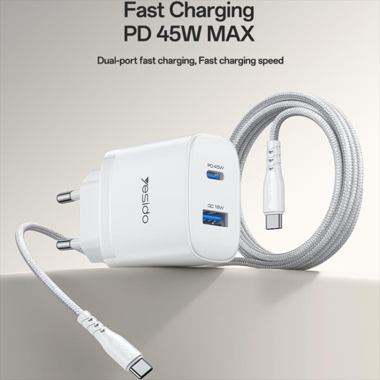 Yesido PD45W USB and Type-C Dual Interface Fast Charger Set, Plug:EU Plug - White