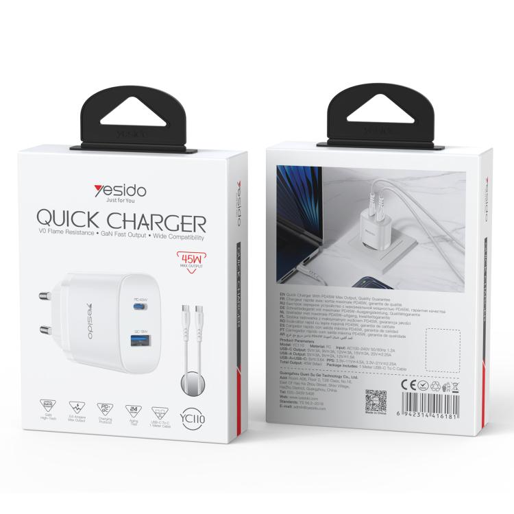 Yesido PD45W USB and Type-C Dual Interface Fast Charger Set, Plug:EU Plug - White