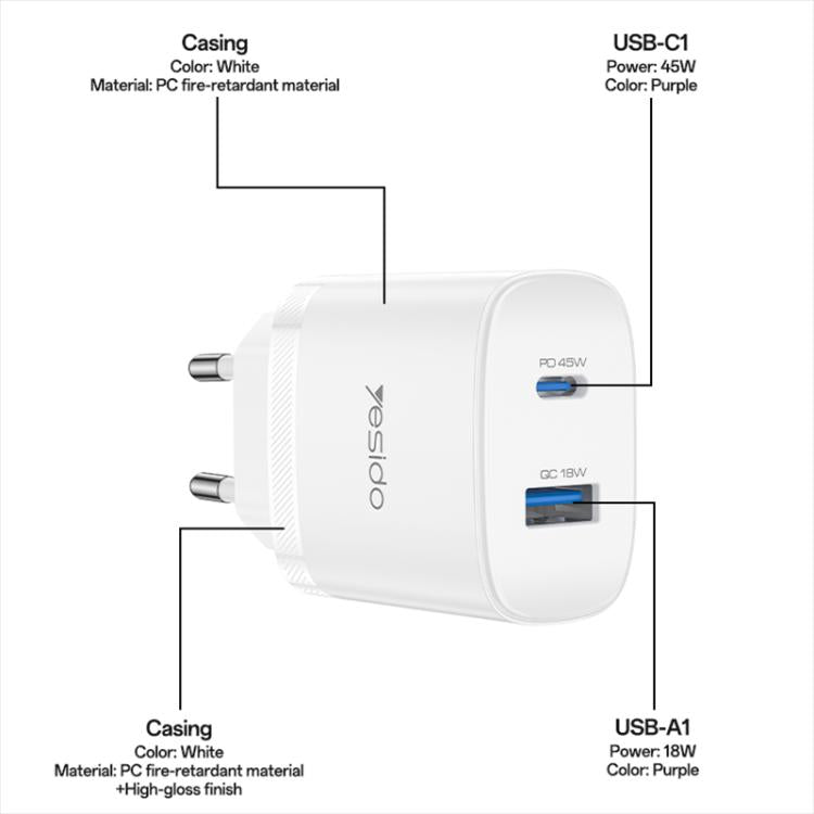 Yesido PD45W USB and Type-C Dual Interface Fast Charger Set, Plug:EU Plug - White