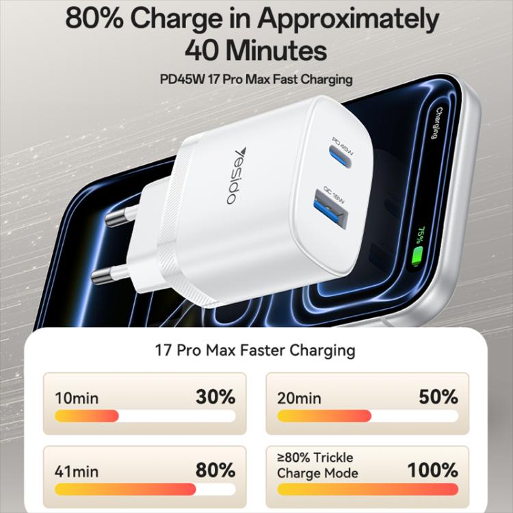 Yesido PD45W USB and Type-C Dual Interface Fast Charger Set, Plug:EU Plug - White