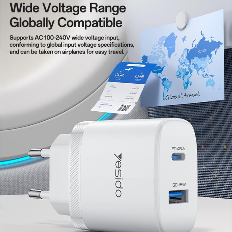 Yesido PD45W USB and Type-C Dual Interface Fast Charger Set, Plug:EU Plug - White