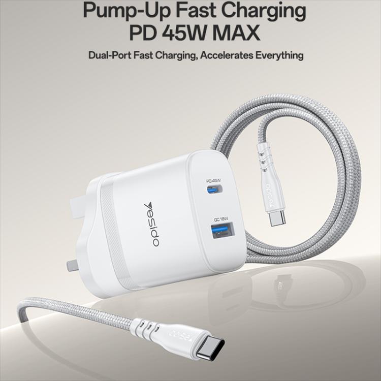Yesido PD45W USB and Type-C Dual Interface Fast Charger Set, Plug:UK Plug - White