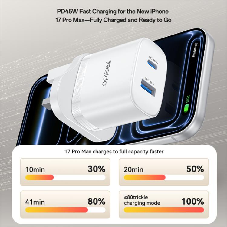 Yesido PD45W USB and Type-C Dual Interface Fast Charger Set, Plug:UK Plug - White