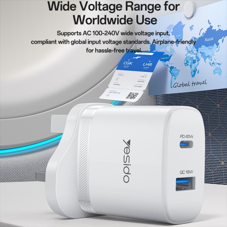 Yesido PD45W USB and Type-C Dual Interface Fast Charger Set, Plug:UK Plug - White