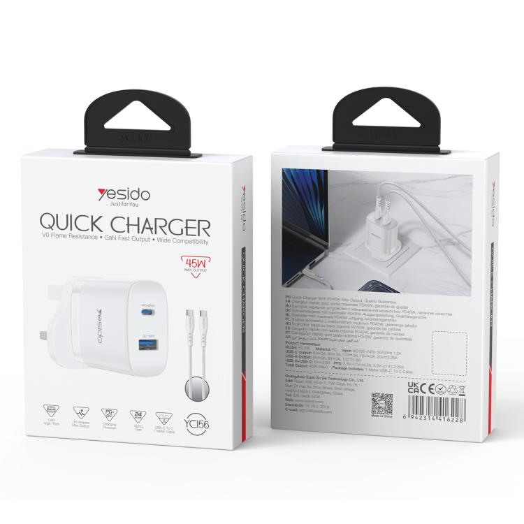 Yesido PD45W USB and Type-C Dual Interface Fast Charger Set, Plug:UK Plug - White