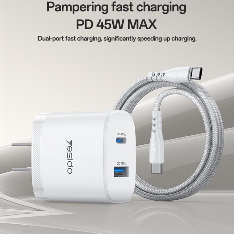Yesido PD45W USB and Type-C Dual Interface Fast Charger Set, Plug:US Plug - White
